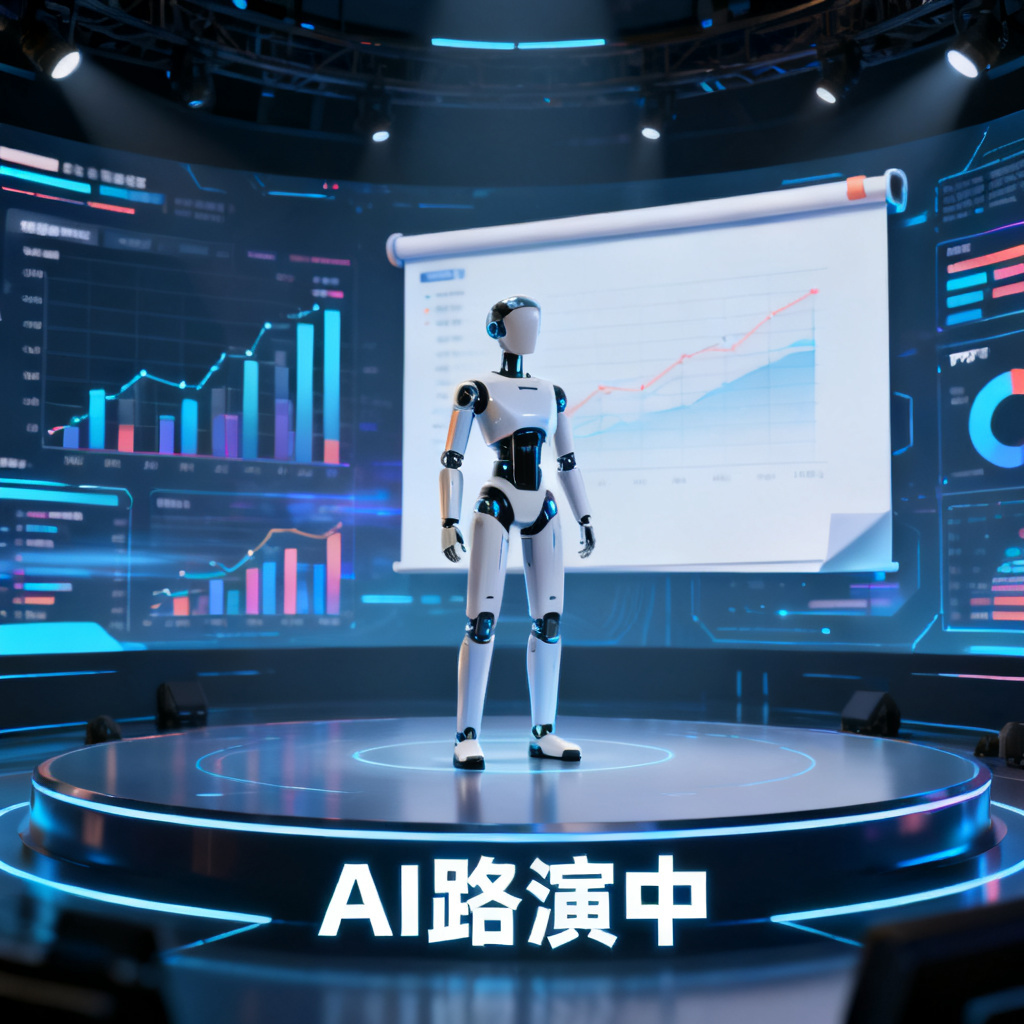 一个数字人形象站在虚拟舞台上，背景是数据图表和PPT翻页，下方显示“AI路演中”字样