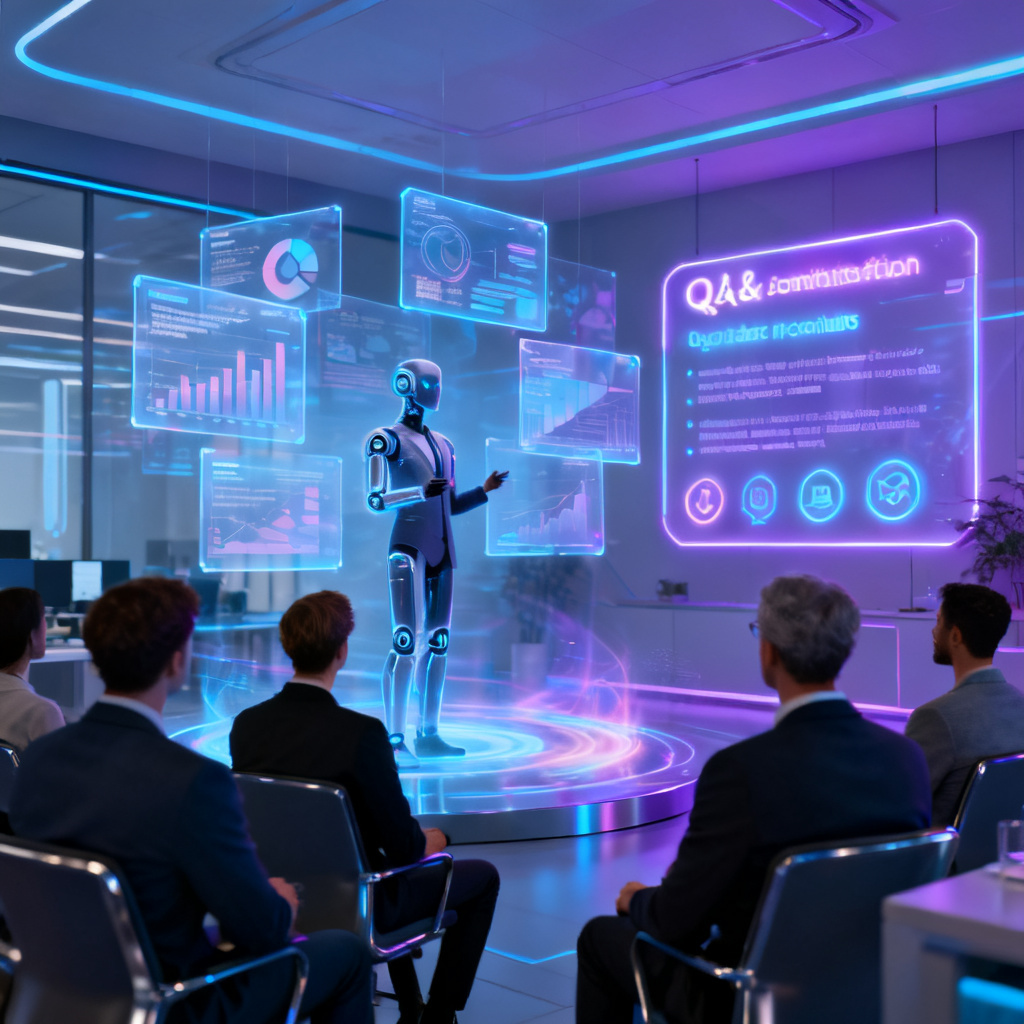 A futuristic office environment with a holographic presenter using AI to deliver a presentation to an audience, with floating slides and a Q&A panel in the background