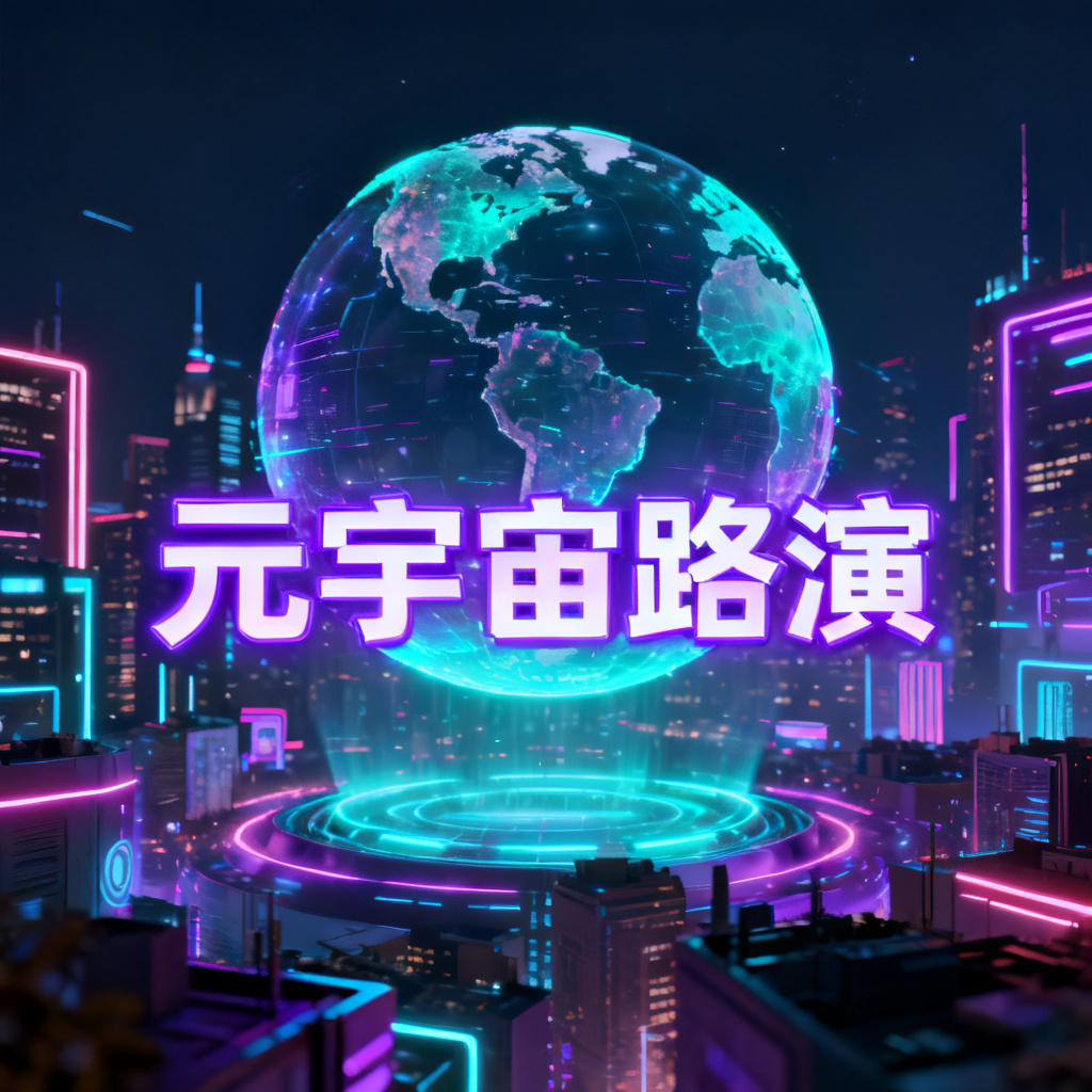 一份赛博朋克风格的元宇宙路演PPT封面，背景是霓虹灯城市，主体为3D全息地球，字体采用发光科技字体，整体色调为紫色和青色