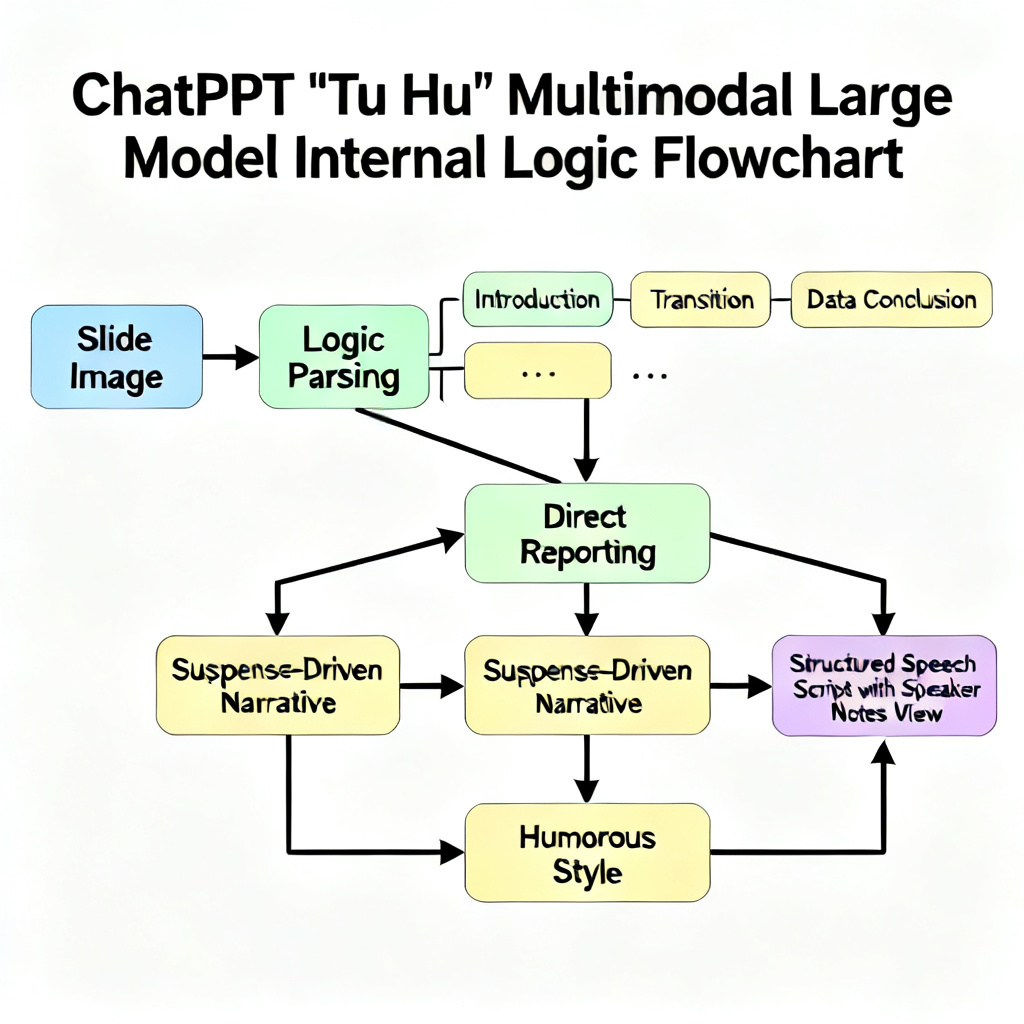 A flowchart showing the internal logic of ChatPPT's "Tu Hu" multimodal large model. It begins with a slide image, passes through logic parsing (introduction, transition, data conclusion), then branches into multiple expression types: direct reporting, suspense-driven narrative, humorous style. Finally, it outputs a structured speech script with speaker notes view.