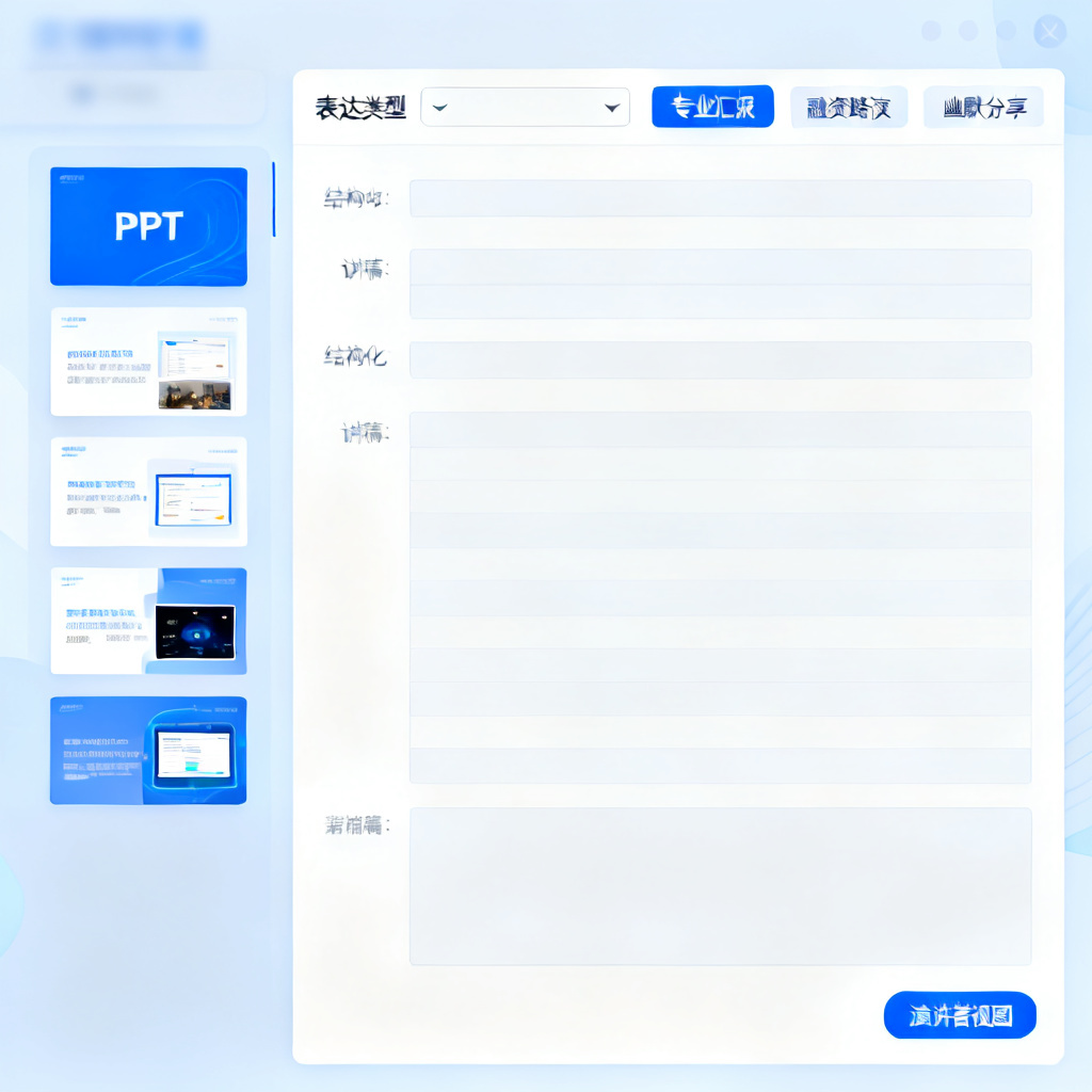展示ChatPPT演讲稿生成界面，左侧为PPT缩略图，右侧为结构化讲稿，顶部有“表达类型”下拉菜单，包含“专业汇报”“融资路演”“幽默分享”等选项，底部显示“演讲者视图”按钮