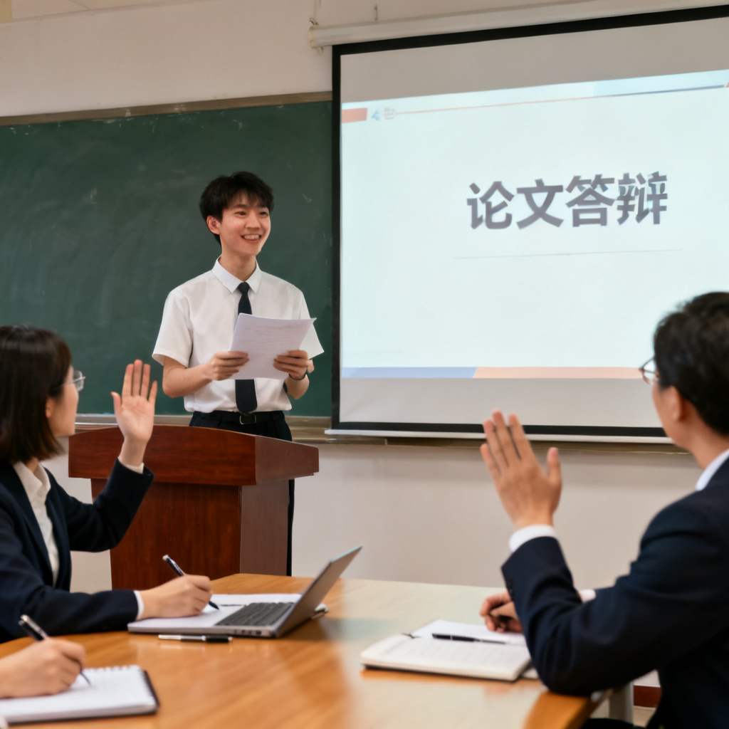 答辩场景,学生站在讲台前,屏幕上显示PPT,他手持讲稿,表情自信,台下评委正在提问,场景真实且专业。