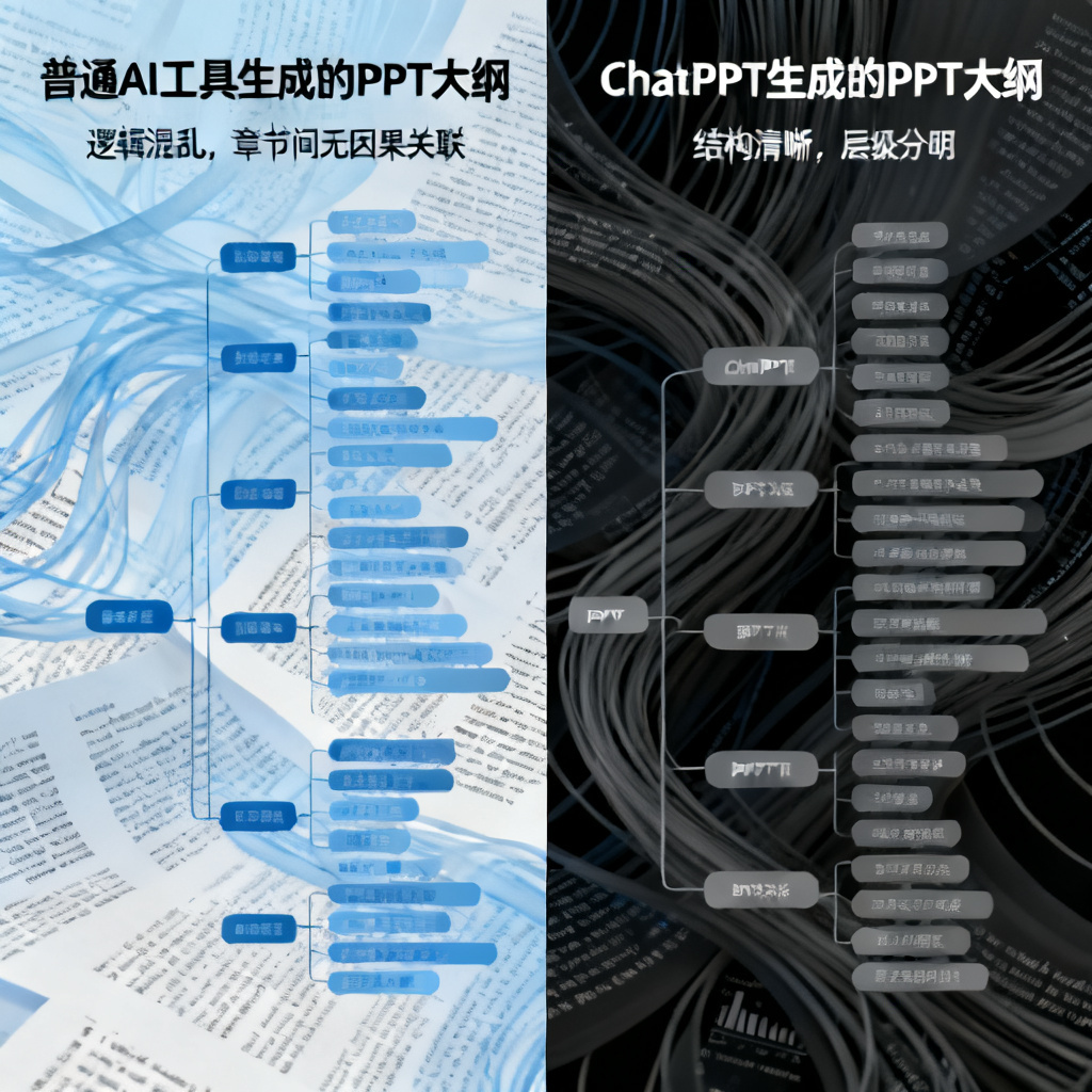 一张对比图，左侧显示普通AI工具生成的PPT大纲逻辑混乱，章节间无因果关联，右侧显示ChatPPT生成的PPT大纲结构清晰、层级分明，背景为学术论文文本流与数据流交织。