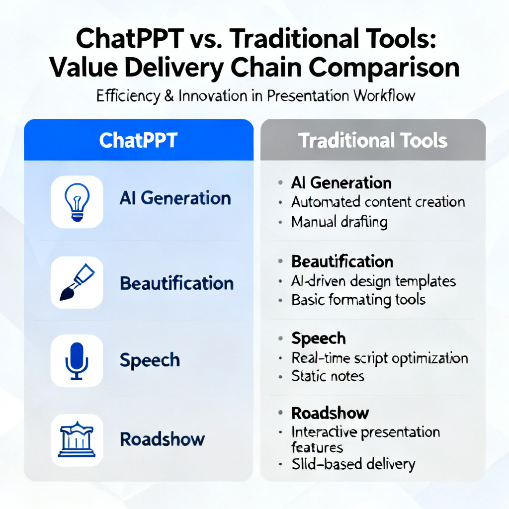 A comparison infographic showing ChatPPT's modules (AI generation, beautification, speech, roadshow) vs. traditional tools, with a focus on the 'value delivery' chain.