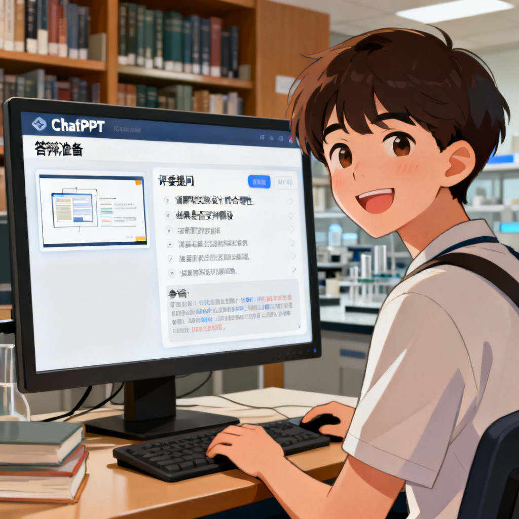 一张展示答辩准备场景的插画。一位学生坐在电脑前,屏幕上显示ChatPPT的“答辩准备”界面,左侧是PPT缩略图,右侧是自动生成的“评委提问”列表,如“请解释实验设计的合理性”“结果是否支持假设”等,下方附有参考答案。学生表情轻松自信,背景是图书馆或实验室书架。