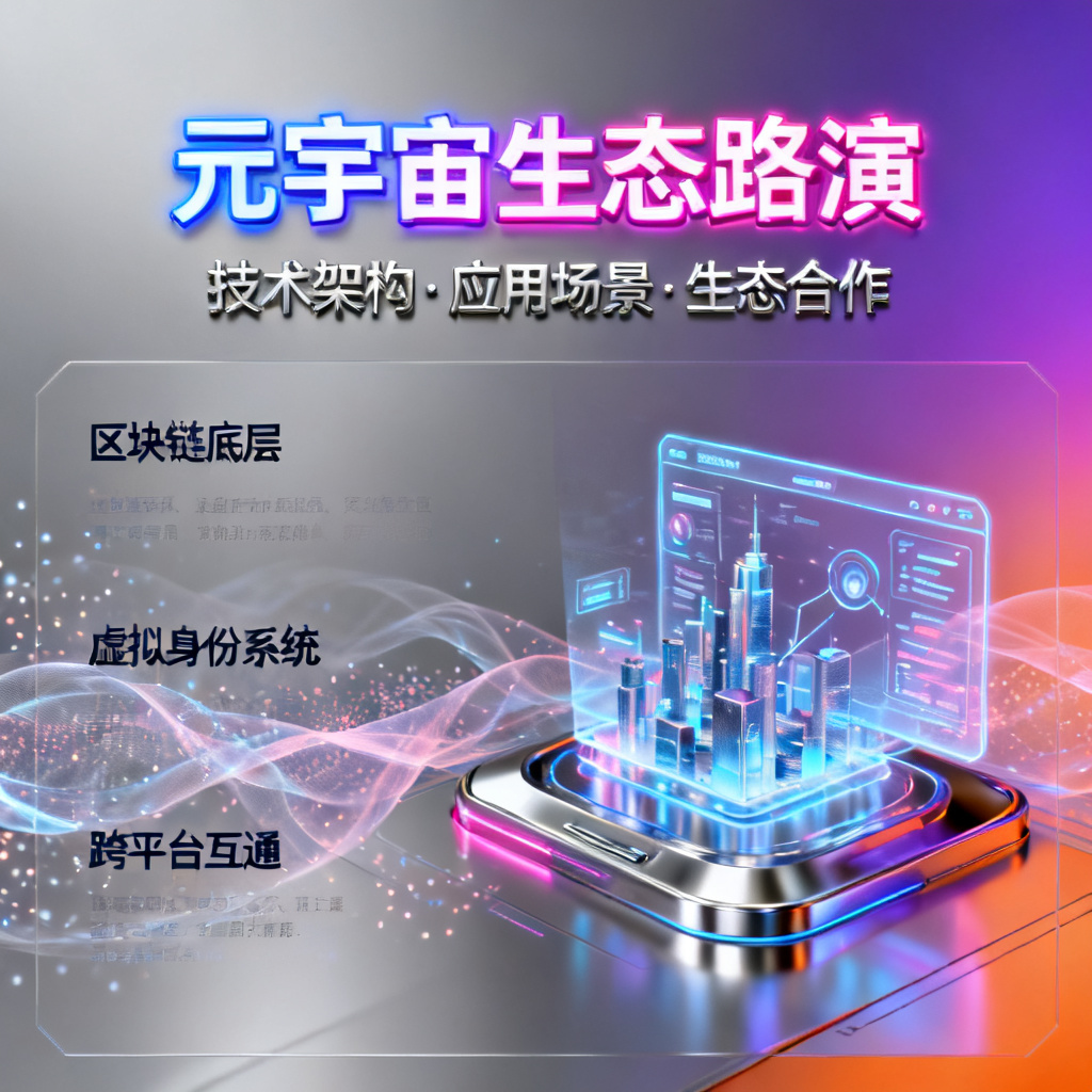 赛博朋克风格的元宇宙路演PPT页面，霓虹灯光与金属质感，全息投影元素，信息层级清晰