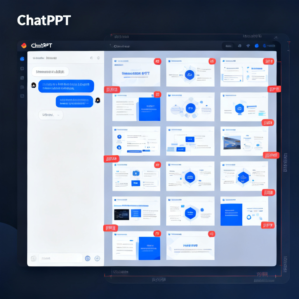 用户正在ChatPPT界面中操作，左侧是输入主题的对话框，右侧实时生成多页PPT，风格统一，图层分离标记清晰