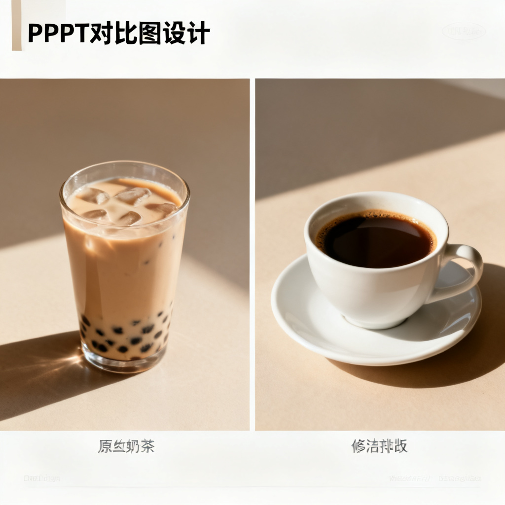一个PPT页面的对比图，左侧原图中有一杯奶茶，右侧修改后的图中奶茶被替换为一杯咖啡，光影和风格与原图完美融合