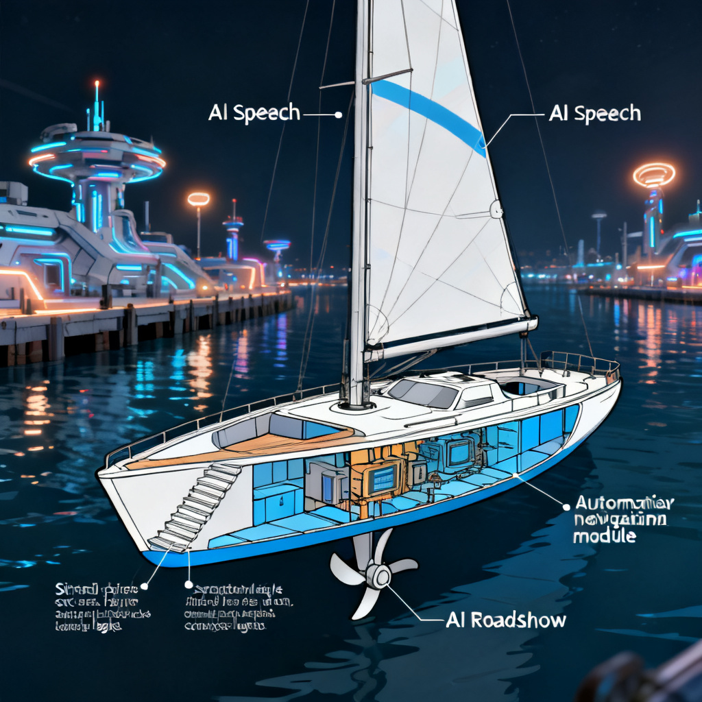 A cross-sectional diagram showing a smart sailing ship with labeled parts: hull (slide design), rudder (script logic), sail (AI speech), and autonomous navigation module (AI roadshow). Futuristic harbor in background.