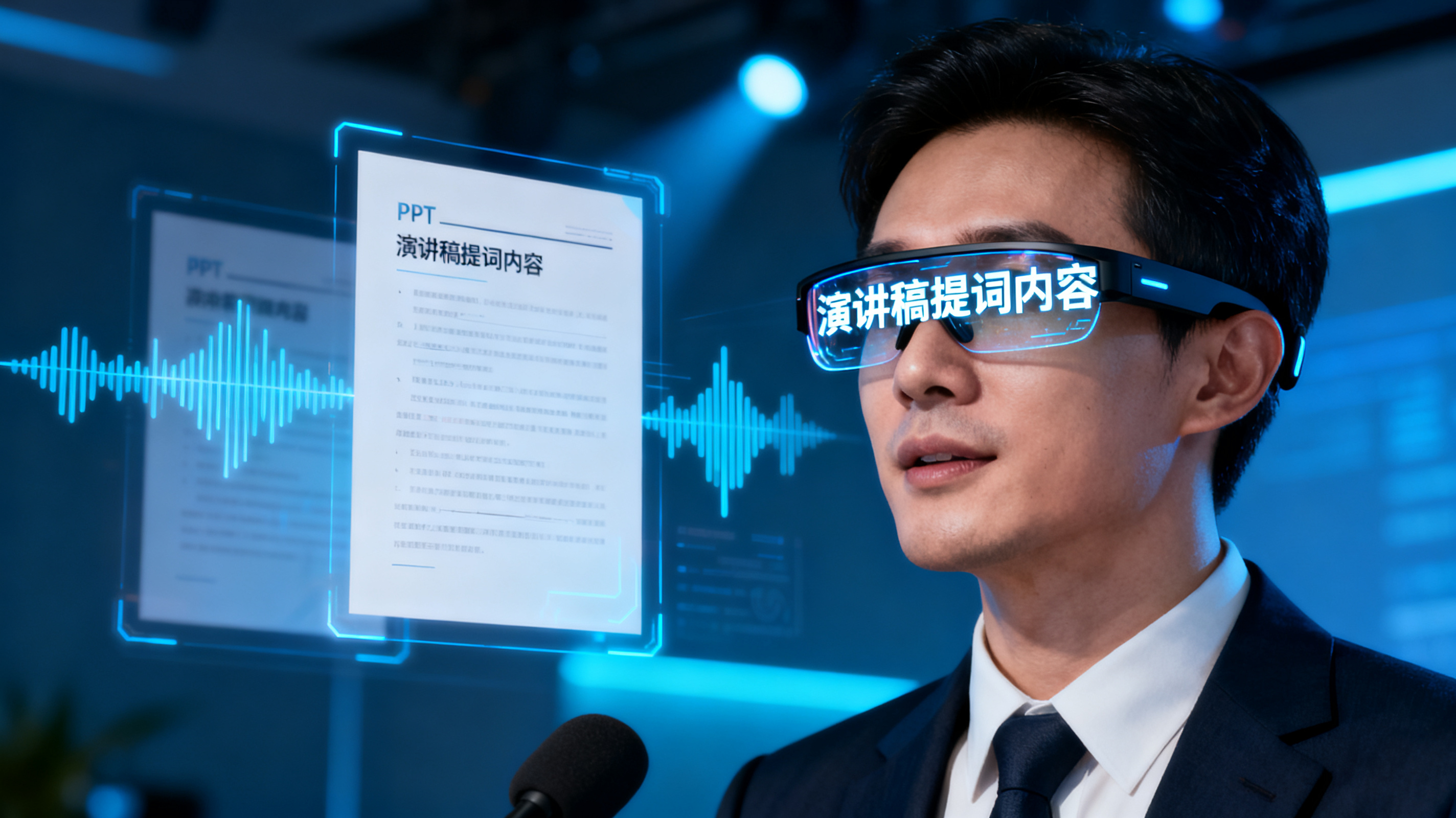 一位商务人士佩戴 AI 智能眼镜进行路演，眼镜镜片反射出演讲稿提词内容，身后是悬浮的 PPT 页面和数字人声波，科技蓝光，未来感