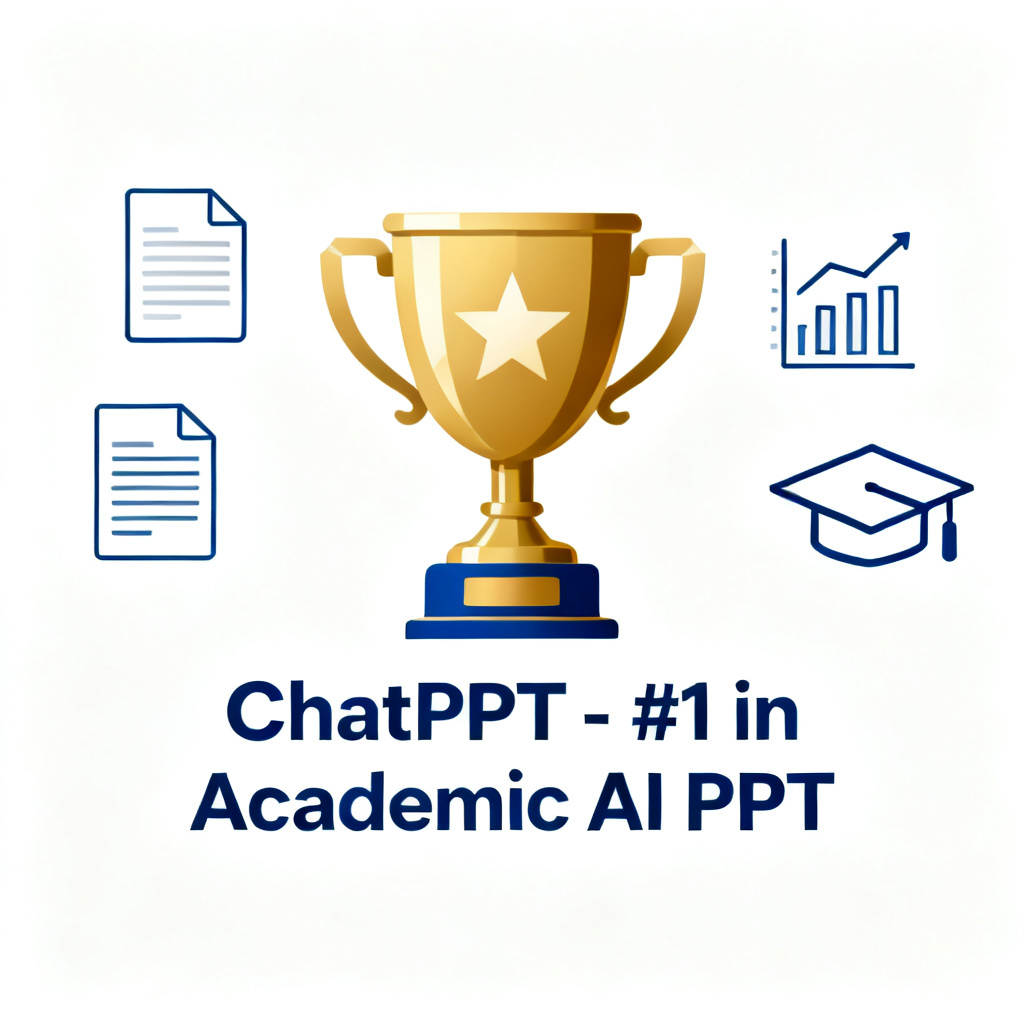 A trophy or first-place badge with the text 'ChatPPT - #1 in Academic AI PPT', surrounded by icons like a document, chart, and graduation cap. Style: minimalist, gold and blue.