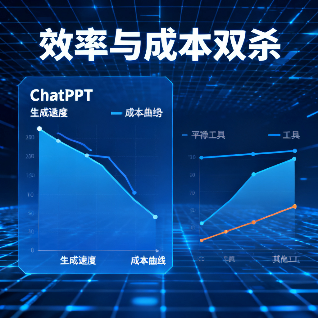 一张数据图表，左侧显示ChatPPT的生成速度和成本曲线（下降），右侧显示其他工具的曲线（平缓或上升），标题为“效率与成本双杀”，背景为科技感蓝色网格。