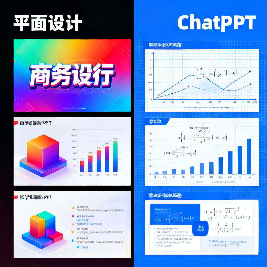 对比图:左侧是花哨的商务风格PPT,右侧是ChatPPT生成的学术风格PPT,包含数据图表和公式,背景有严谨的网格线