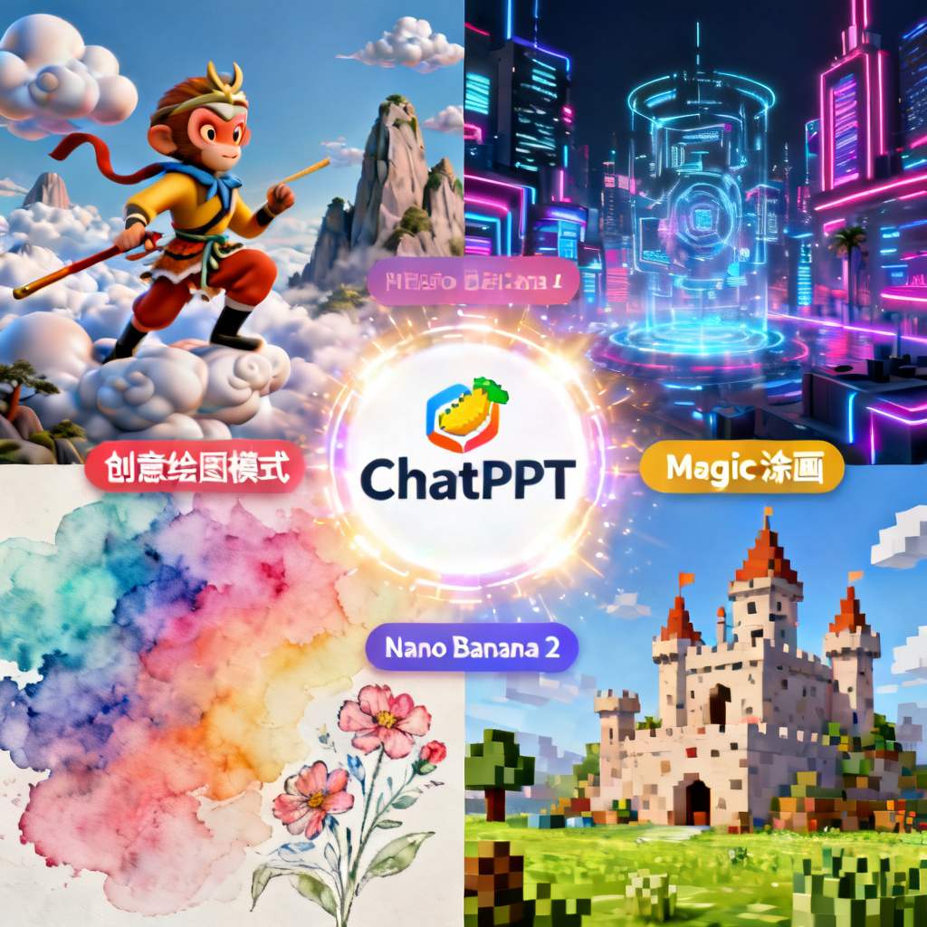 一张综合多种风格的创意画布,左上角为3D西游记风格页面(孙悟空、云海、仙山),右上角为赛博朋克风格页面(霓虹城市、全息数据流),左下角为梦幻水彩风格页面(渐变色彩、手绘花朵),右下角为像素风格页面(我的世界风格的城堡与草地),画布中央有一个发光的“ChatPPT”Logo,周围环绕着“创意绘图模式”、“Nano Banana 2”、“Magic涂画”等标签,整体视觉呈现创意爆炸、风格融合的效果