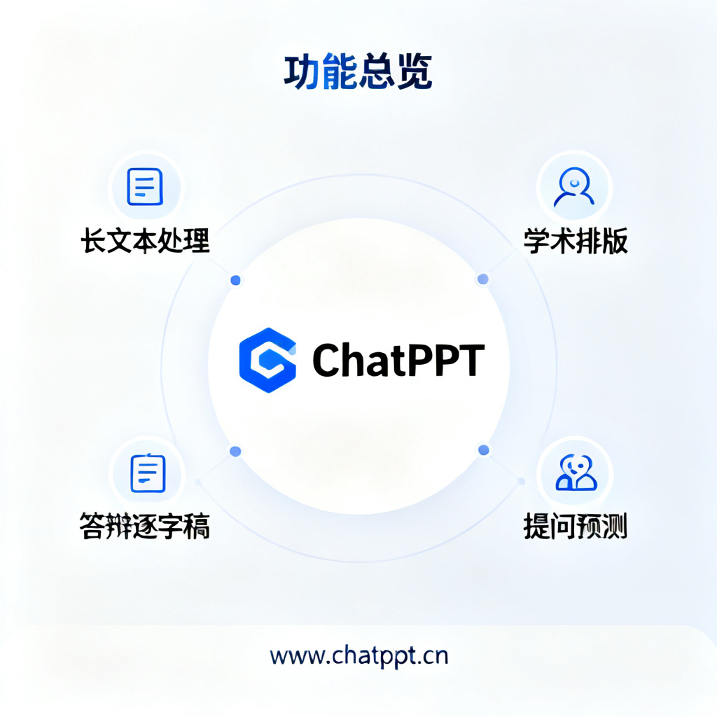 一张功能总览图,中心是ChatPPT logo,四周环绕长文本处理、学术排版、答辩逐字稿、提问预测四个功能图标,底部显示www.chatppt.cn网址