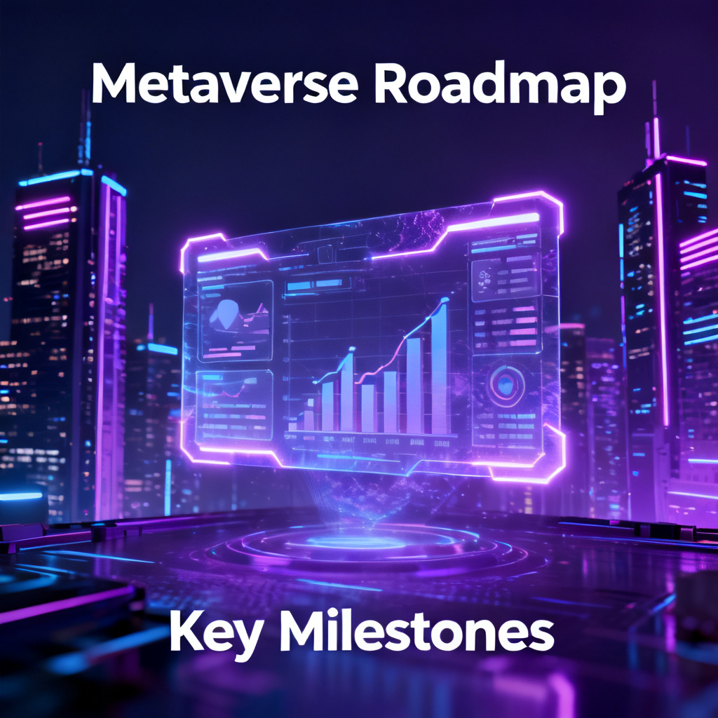 A futuristic cyberpunk style presentation slide for a metaverse roadshow, featuring neon-lit skyscrapers, holographic data charts, and a dark purple-blue color palette, with text placeholders in a sleek sans-serif font.
