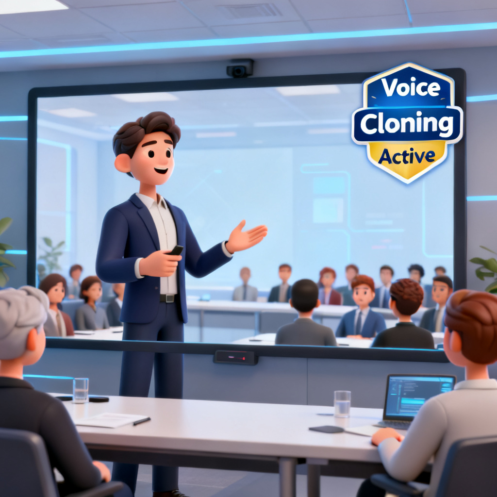 A 3D concept image of a ChatPPT AI roadshow page. A digital human avatar is presenting on screen, with a "Voice Cloning Active" badge in the upper right corner. The background shows a virtual meeting room with audience avatars.