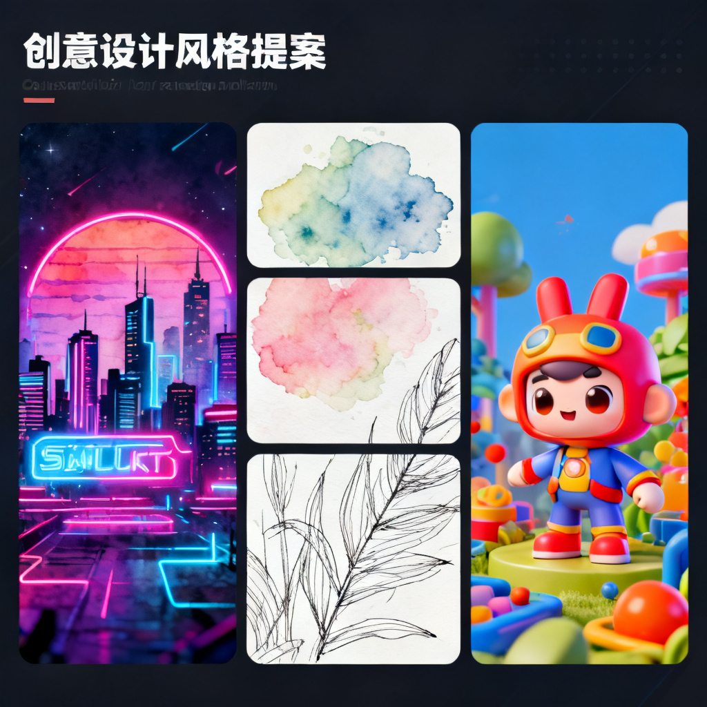 一张展示ChatPPT创意绘图模式生成的三风格提案页面，左侧为赛博朋克风格（霓虹灯、城市天际线），中间为水彩手绘风格（柔和水彩、手绘线条），右侧为3D卡通风格（立体卡通角色、鲜艳色彩）