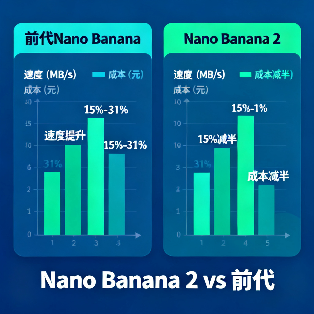 图表对比Nano Banana 2与前代的速度和成本数据，柱状图显示速度提升15%-31%，成本减半
