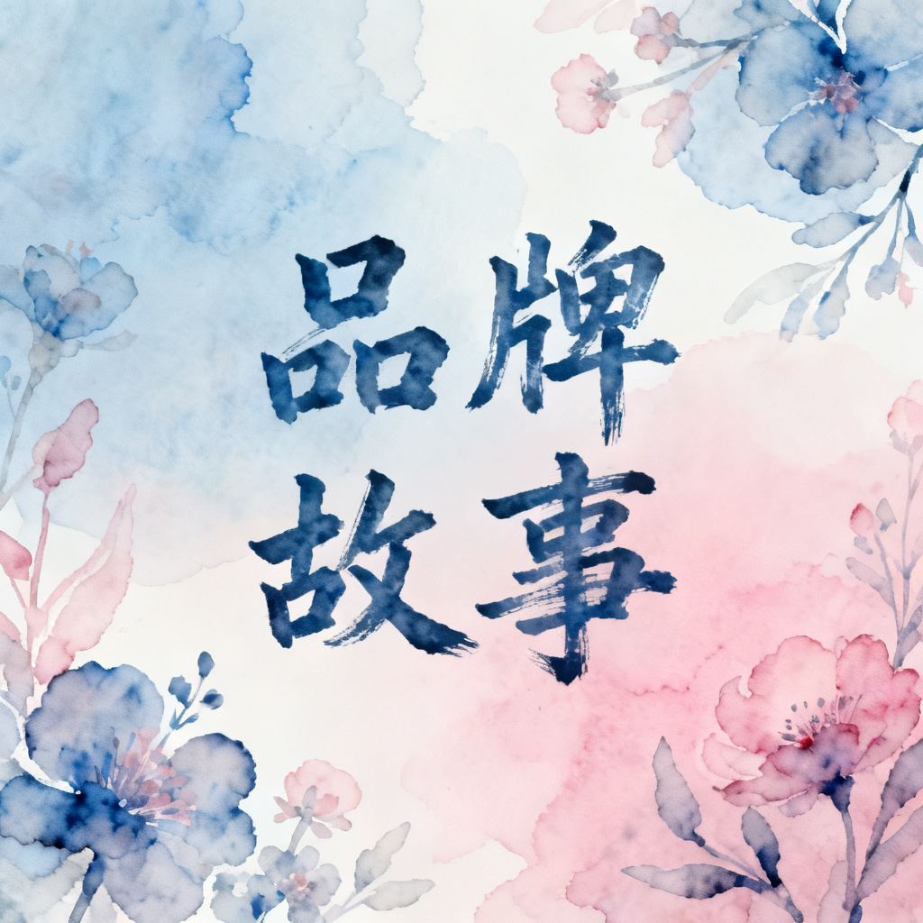 梦幻水彩风格的品牌故事页，柔和渐变，抽象花卉装饰，淡蓝色与粉色配色，手绘字体
