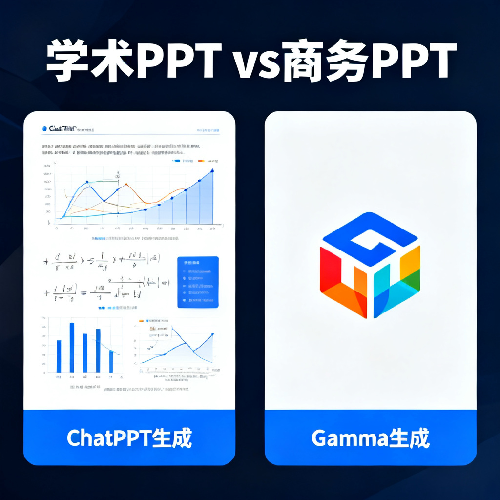 一张对比图,左侧为ChatPPT生成的学术PPT(清晰图表、公式),右侧为Gamma生成的商务风格PPT(花哨图标)