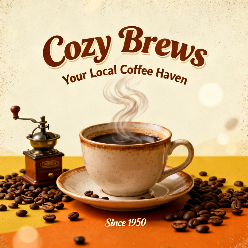 A vintage poster of a coffee shop, warm tones, retro typography, converted into a PPT slide with matching layout and colors