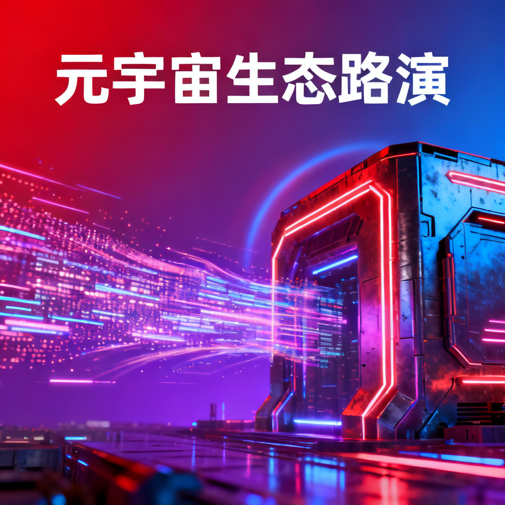一个赛博朋克风格的元宇宙路演PPT页面，霓虹灯光、未来感建筑、动态数据流