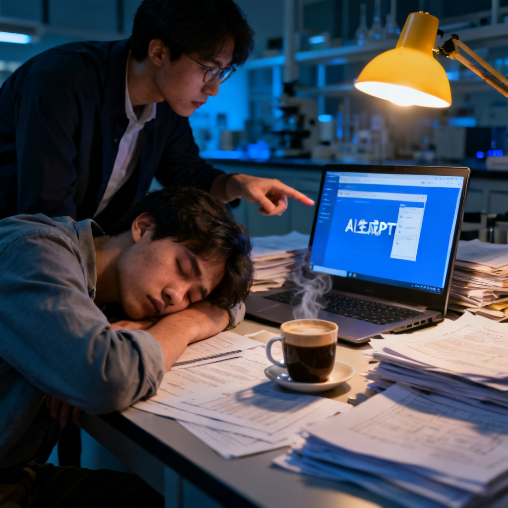 深夜大学实验室，一个疲惫的研究生趴在堆满论文的桌旁，桌面有一杯咖啡和打开的笔记本电脑，屏幕上显示AI生成PPT的界面，另一人指着屏幕，背景是蓝色显示器光源，写实风格，电影感构图