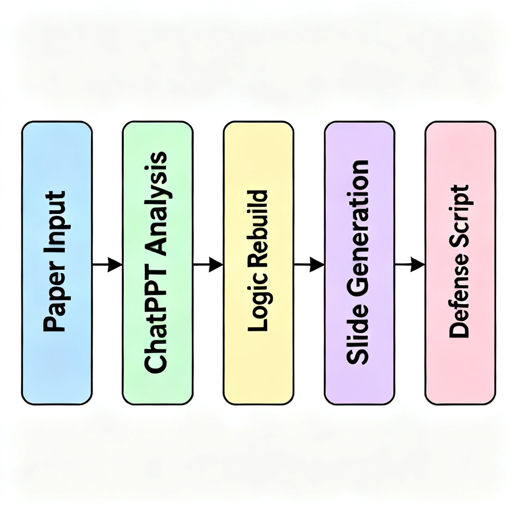 A flowchart showing the process: 'Paper Input' -> 'ChatPPT Analysis' -> 'Logic Rebuild' -> 'Slide Generation' -> 'Defense Script'. Each step connected by arrows.