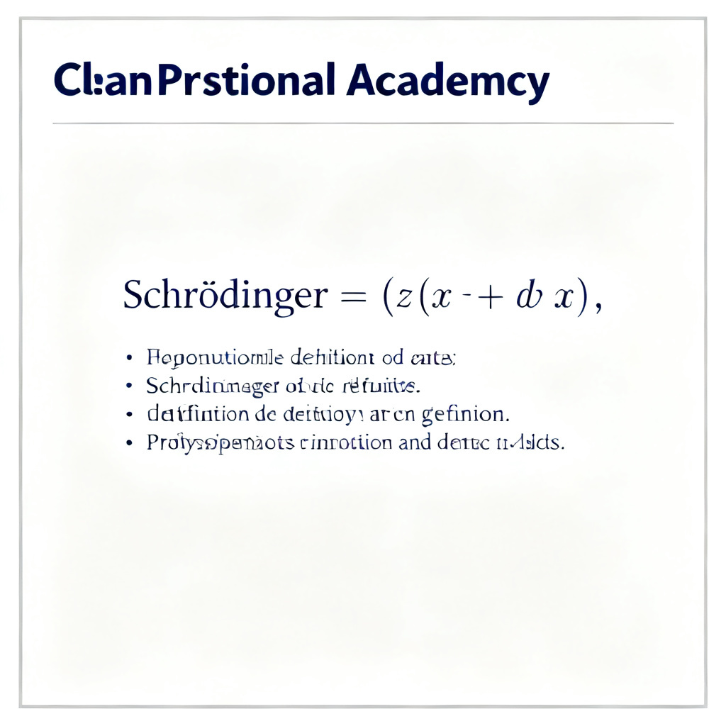 A clean, professional academic presentation slide showing a complex mathematical equation (Schrödinger equation) rendered in high resolution, with clear variable definitions below. The slide has a white background, dark blue text for headings, and a subtle gray border. No decorative elements. The font is consistent and legible.