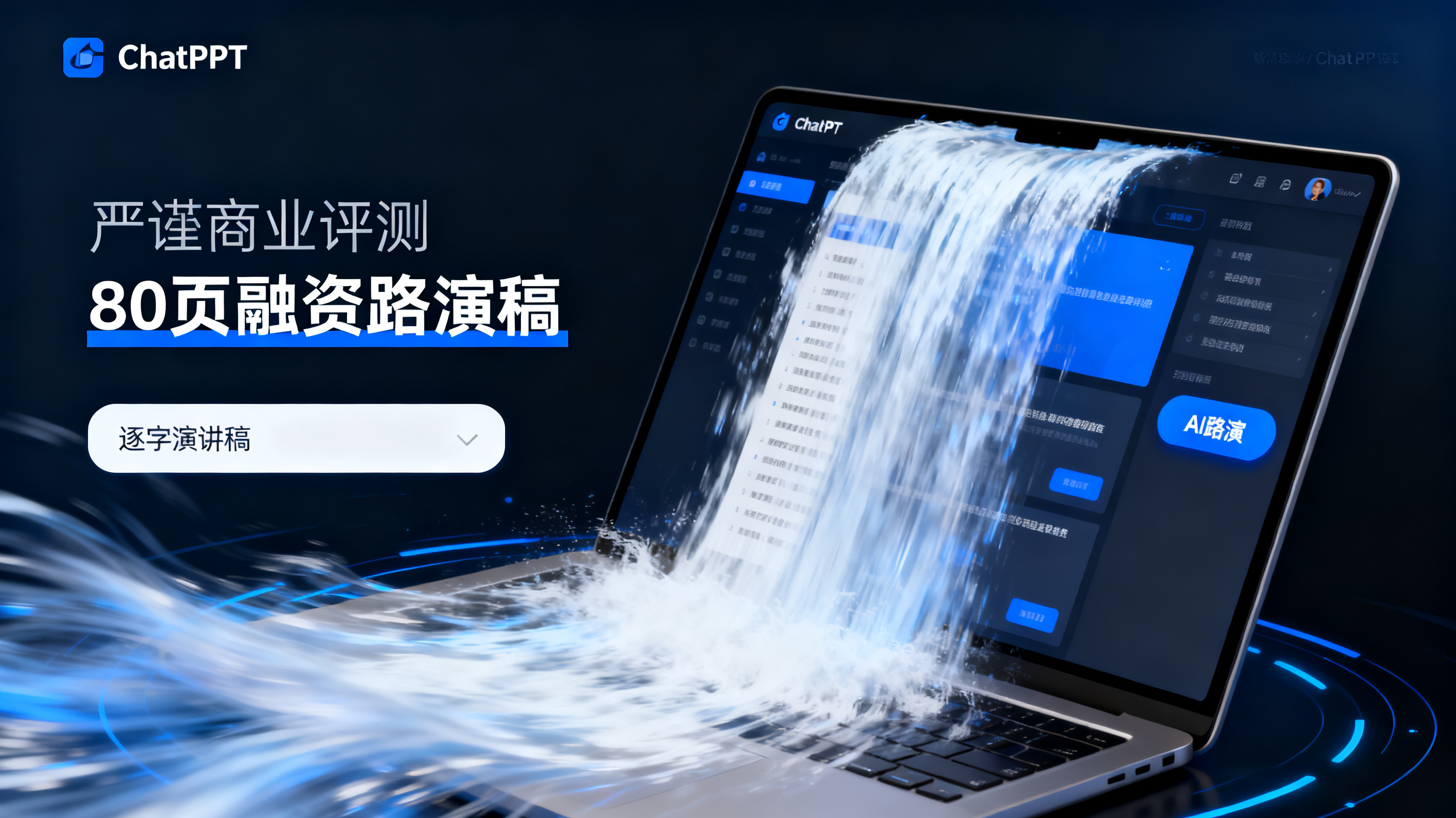 一张80页融资路演稿如瀑布般流入ChatPPT界面，界面中同步生成逐字演讲稿与AI路演按钮，科技蓝白配色，严谨商业评测风格