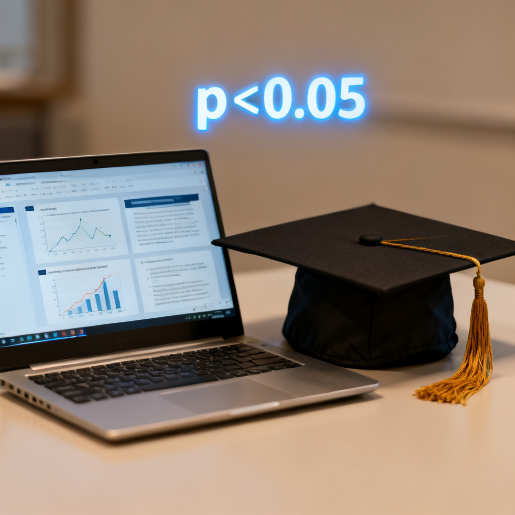 A graduation cap and a laptop screen showing a completed academic PPT, with a glowing "p<0.05" annotation in the background