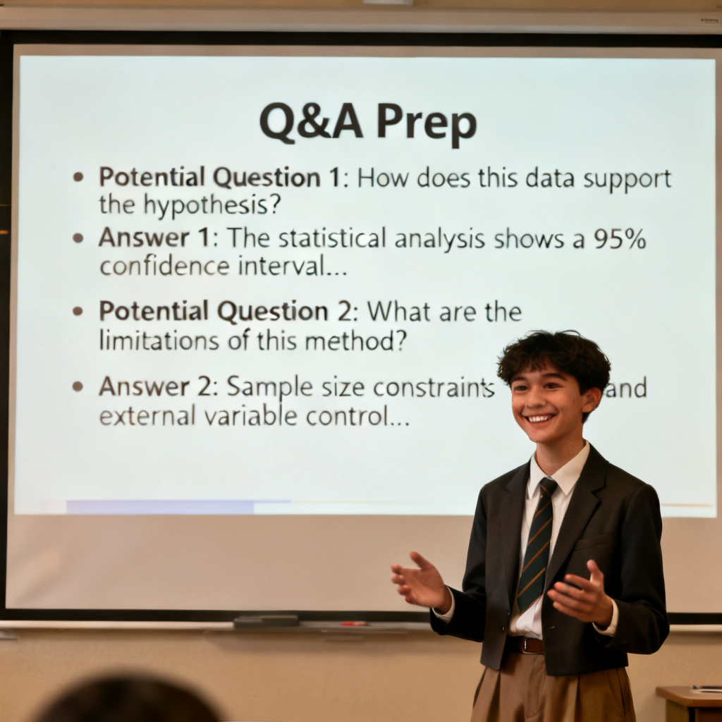 A student presenting a PowerPoint slide with a confident expression, while the slide shows a 'Q&A Prep' section with potential questions and answers generated by ChatPPT.