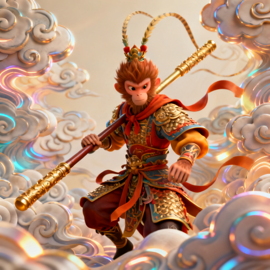 一个3D西游记风格的PPT内页，孙悟空形象，金箍棒，祥云纹理，古典与现代结合，色彩鲜艳