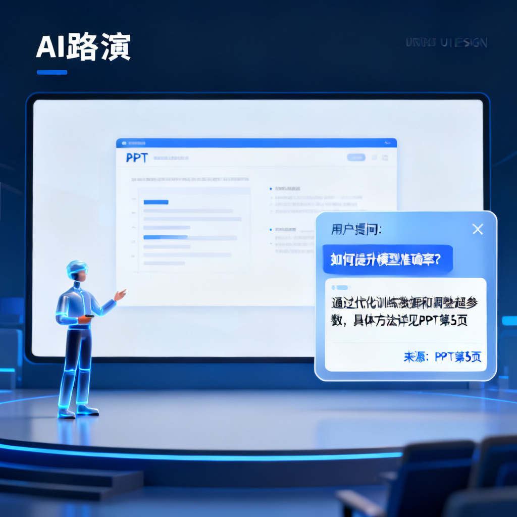 AI路演页面中，数字人正在讲解PPT，屏幕右侧出现AI答疑交互框，用户提问后AI回答并标注答案来源页码