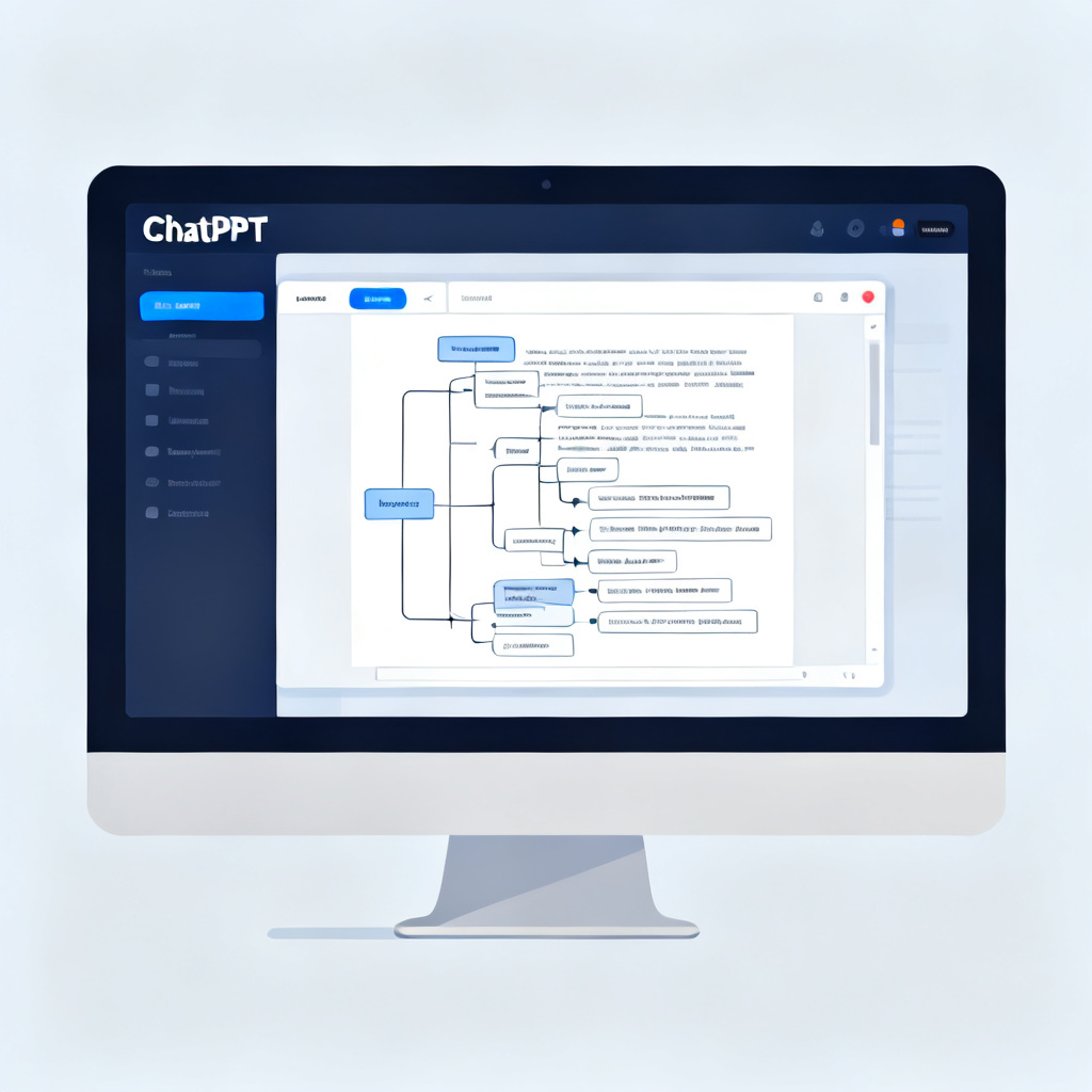 A computer screen showing the ChatPPT interface, with a window displaying a complex academic paper being processed into a structured PPT outline, clean and professional UI design, vector illustration style