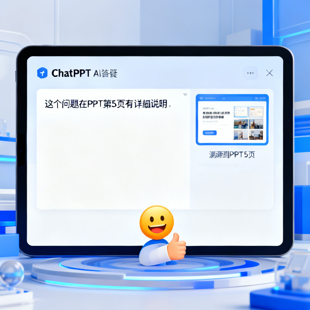 一个问答场景,屏幕上显示ChatPPT的AI答疑界面,AI正在回答用户问题并自动溯源到PPT某页,旁边有用户点头认可的表情