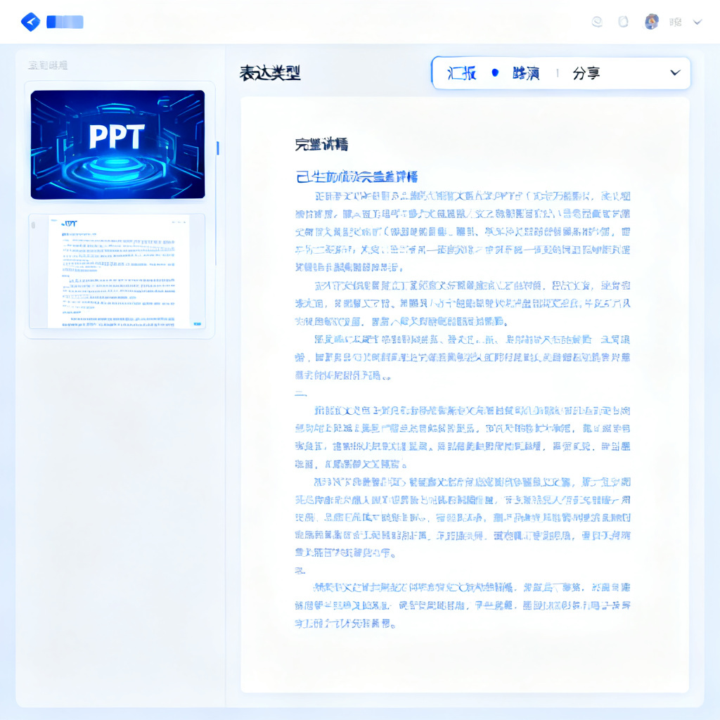 一张展示ChatPPT演讲稿生成界面的截图，左侧为PPT缩略图，右侧为已生成的完整讲稿，顶部有“表达类型”下拉菜单，包括“汇报”、“路演”、“分享”等选项。