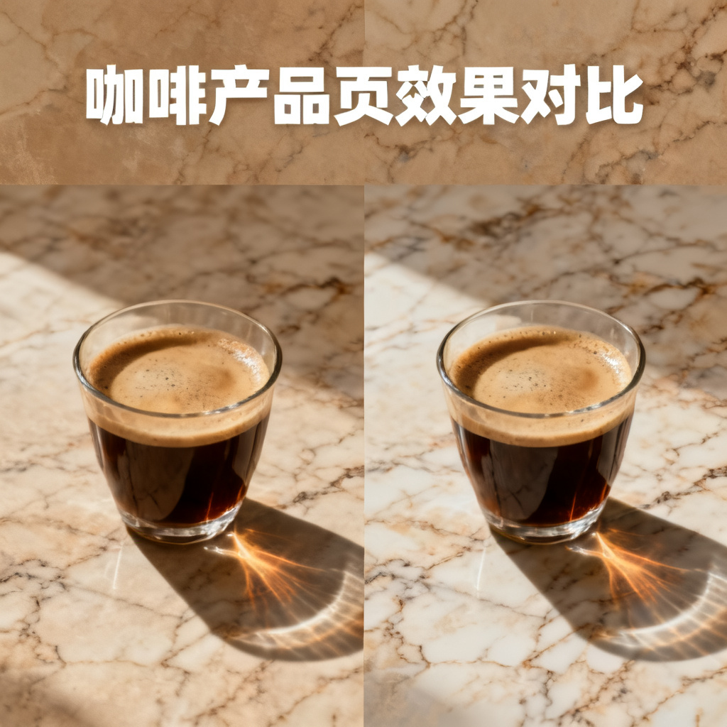 设计精美的咖啡产品页PPT对比图，左侧为原始页面，右侧为使用Magic涂画替换后的效果，背景为同色系大理石纹理，两杯中饮品的光影角度与折射效果完全一致，整体色调融合，专业产品摄影质感