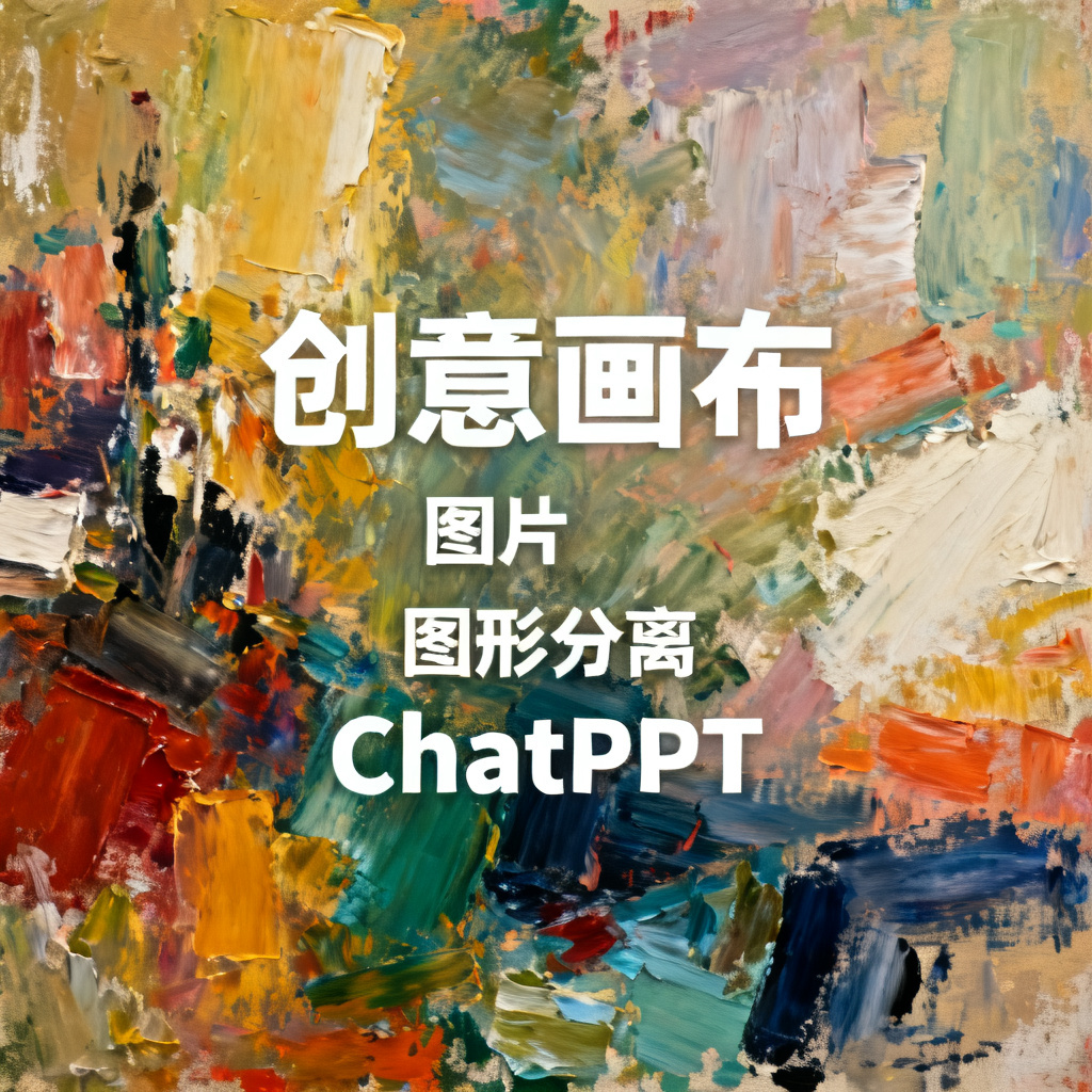 一张充满艺术感的抽象画布，上面有各种可编辑的图层元素，文字、图片、图形分离，象征ChatPPT的“创意画布”理念