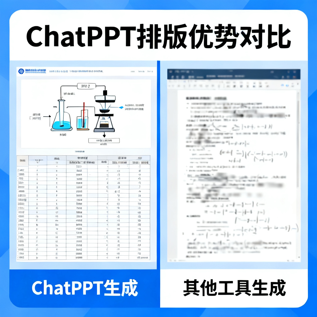 一张对比图，左侧是ChatPPT生成的学术PPT页面，显示清晰的实验流程图和整洁的数据表格；右侧是其他工具生成的页面，显示杂乱的排版和模糊的公式，突出ChatPPT的排版优势