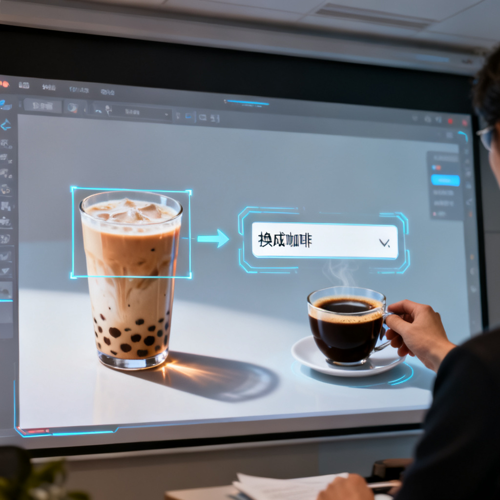 Magic涂画功能演示，用户框选PPT页面中的一杯奶茶，输入“换成咖啡”，AI自动替换并保持光影风格一致