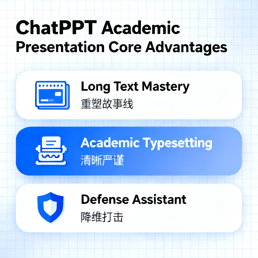 An infographic showing the three core advantages of ChatPPT for academic presentations: Long Text Mastery (重塑故事线), Academic Typesetting (清晰严谨), and Defense Assistant (降维打击). Each advantage is represented by an icon.