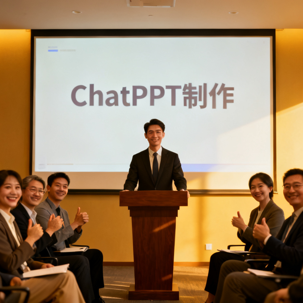 用户成功答辩后自信地站在讲台前,台下评委微笑点头,屏幕显示ChatPPT制作的清晰PPT