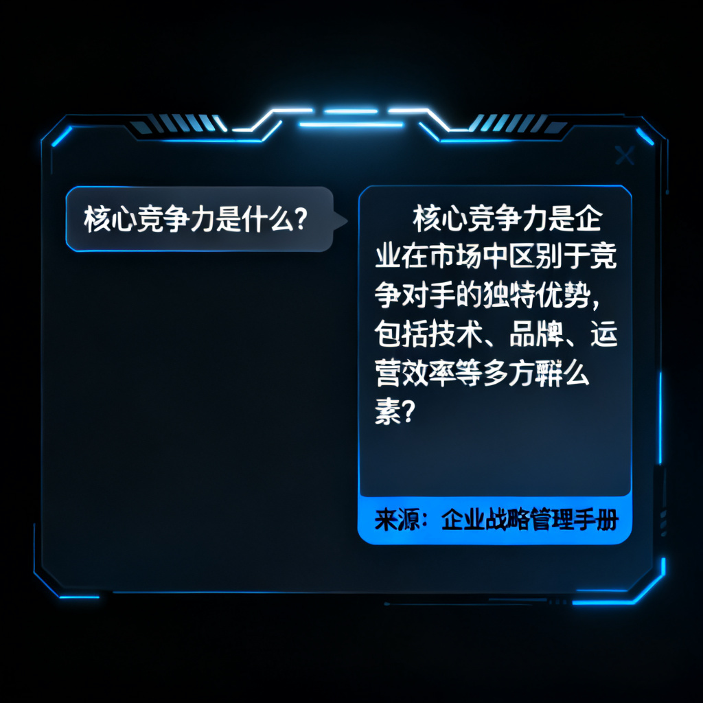 一个AI对话界面，用户提问“核心竞争力是什么？”，AI回答并高亮标注来源页面，科技感UI设计