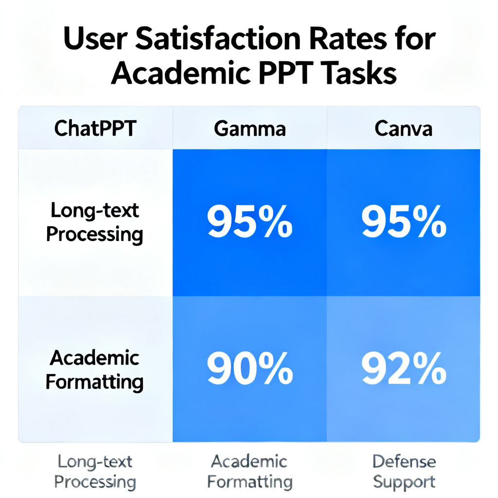 A comparison chart showing user satisfaction rates for ChatPPT vs. Gamma and Canva in academic PPT tasks, with ChatPPT scoring 95% in long-text processing, 90% in academic formatting, and 92% in defense support. Minimalist design, blue and white color scheme, high resolution, 8k.