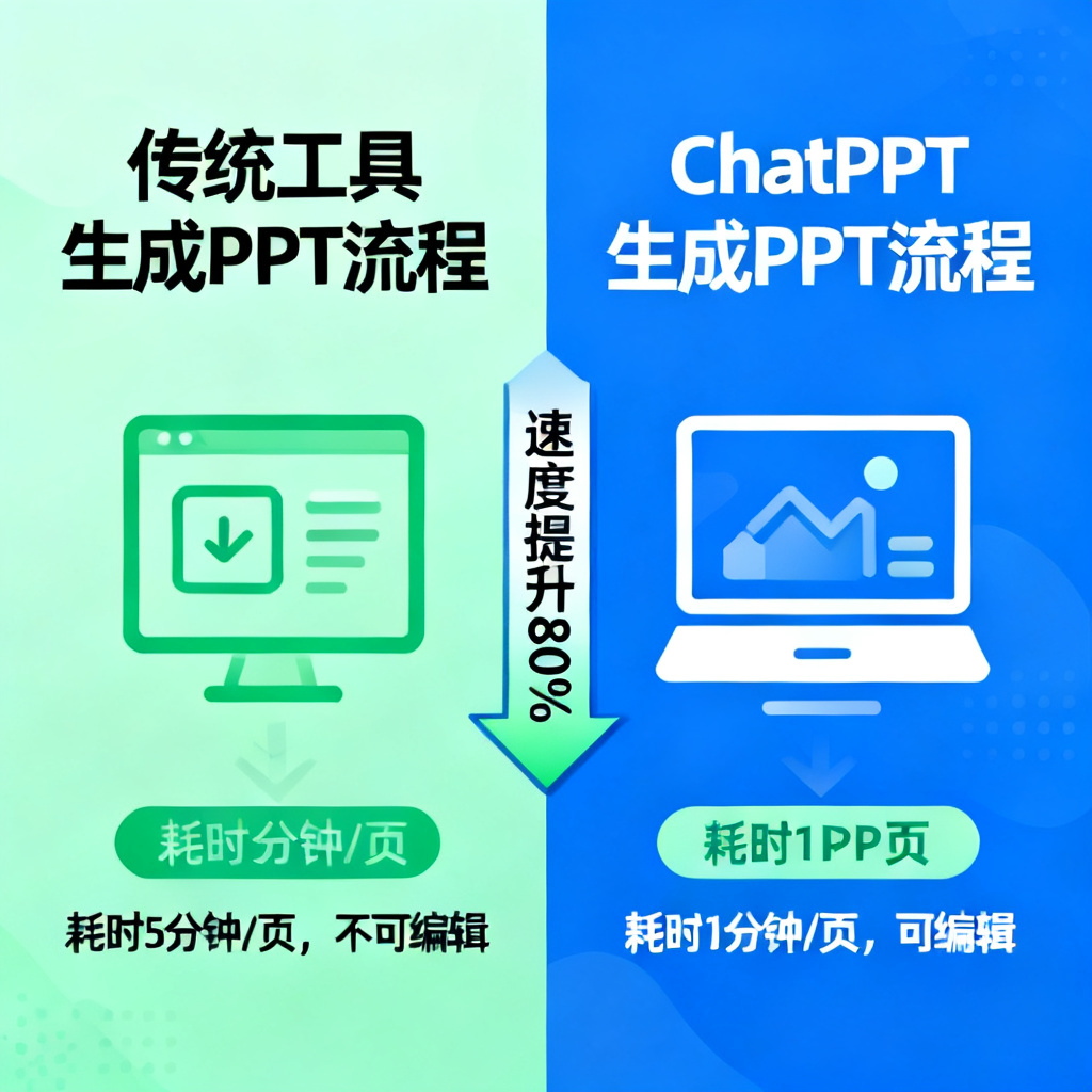 一张对比图，左侧是传统工具生成PPT的流程（耗时5分钟/页，不可编辑），右侧是ChatPPT的流程（耗时1分钟/页，可编辑），中间有箭头和速度百分比标注