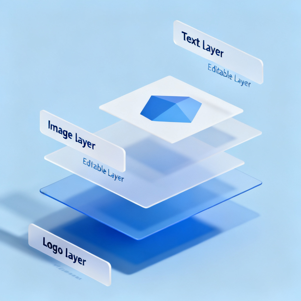 A diagram showing a PPT slide being decomposed into separate layers: text, image, shape, logo, each floating independently with labels 'Editable Layer'