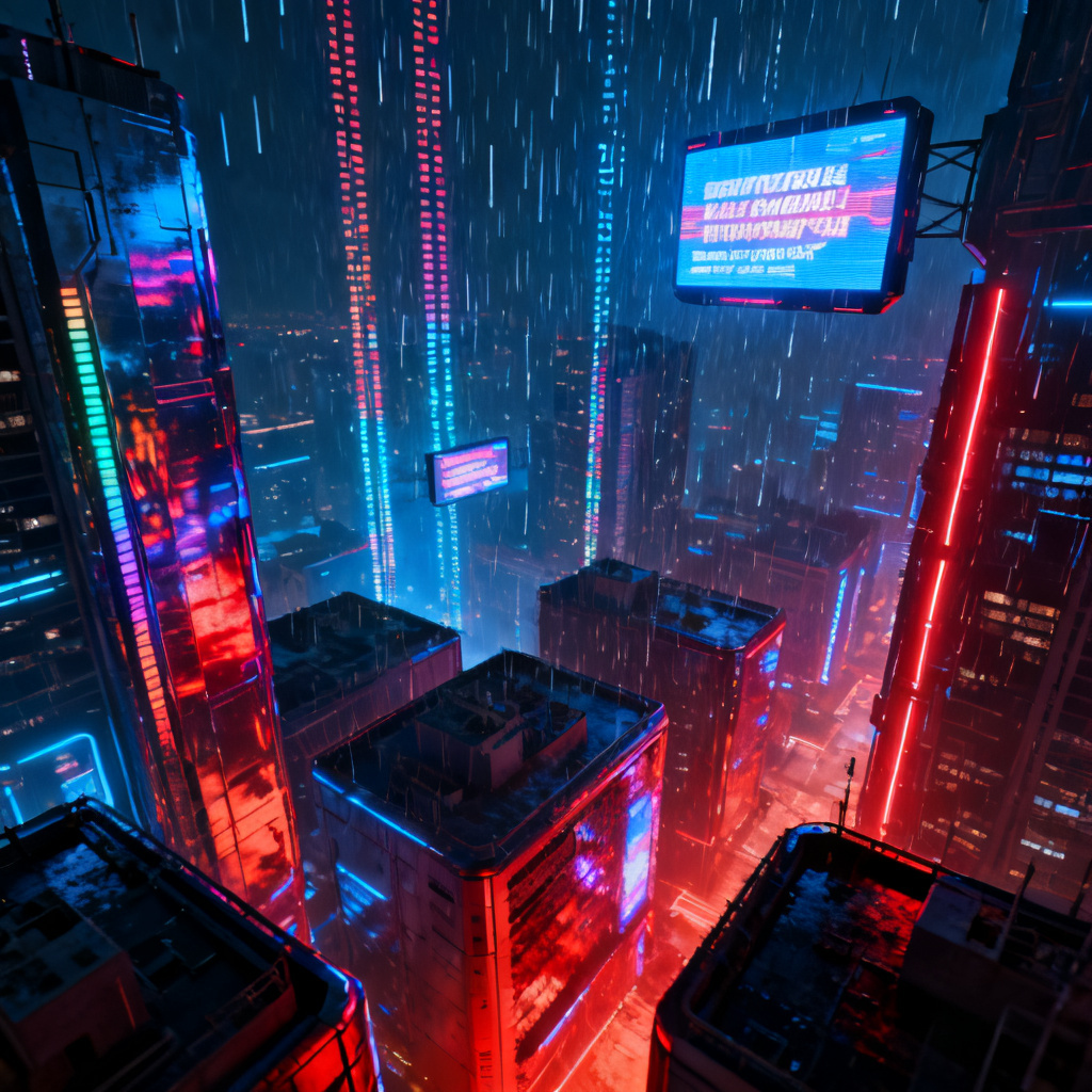 赛博朋克风格的城市夜景，霓虹灯光，高对比度，数字雨效果，3D渲染，未来感，4K