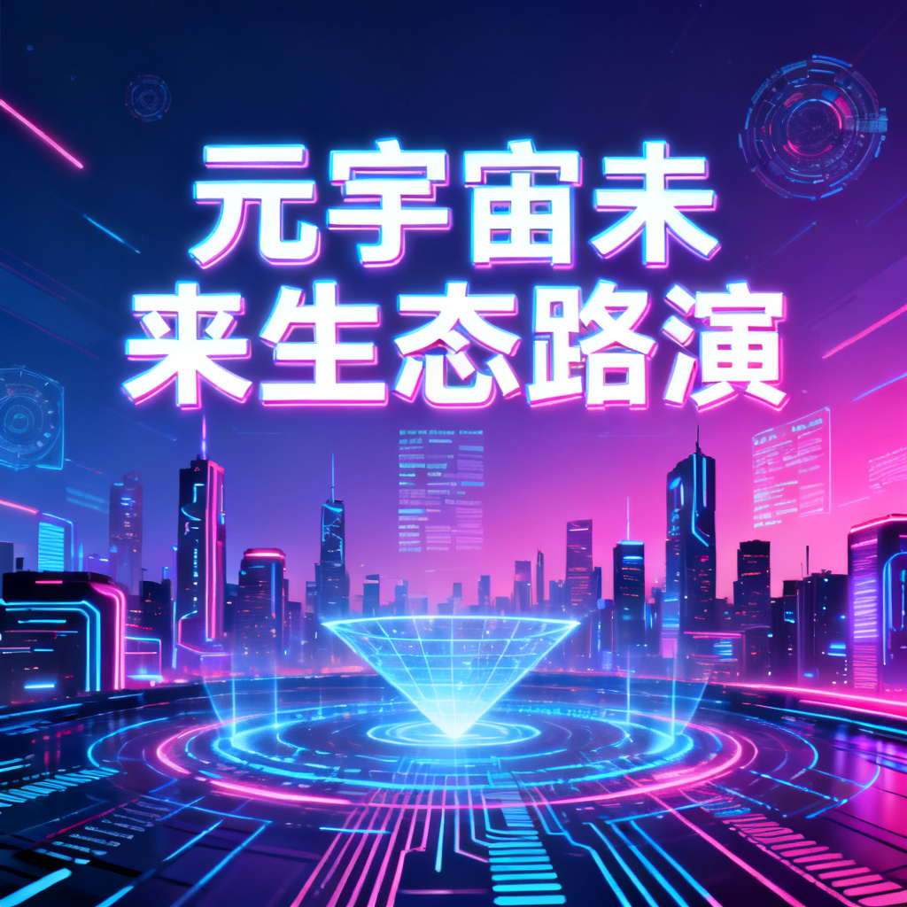 一张赛博朋克风格的元宇宙路演PPT封面，背景是霓虹闪烁的未来城市天际线，标题使用发光字体，整体色调为蓝紫与粉色渐变，细节包括全息投影元素和数据流线条